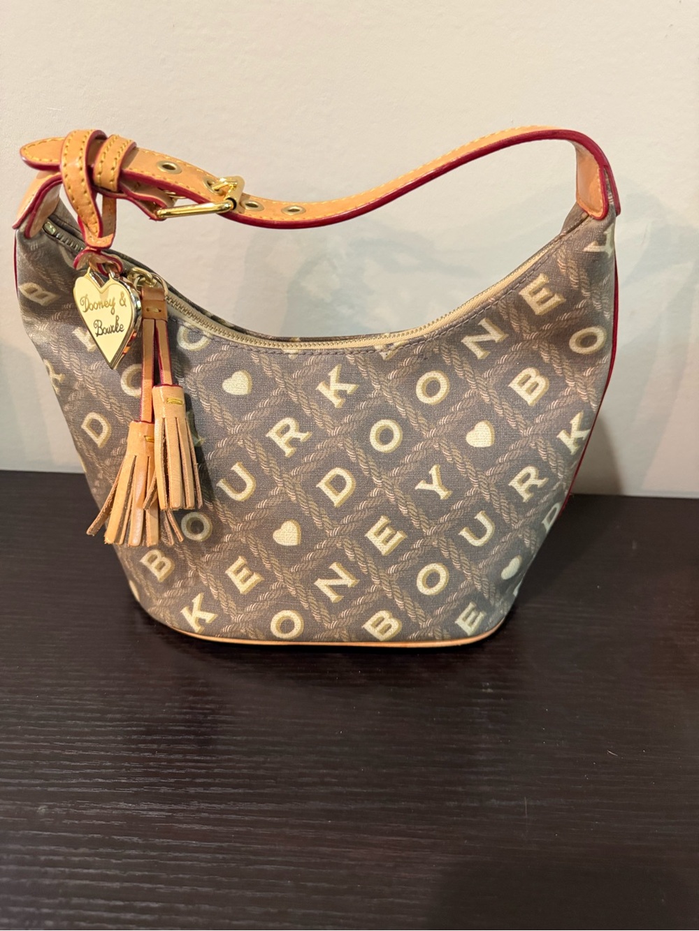 Dooney & Bourke Brown Logo Small Tote Bag with Tan Trim